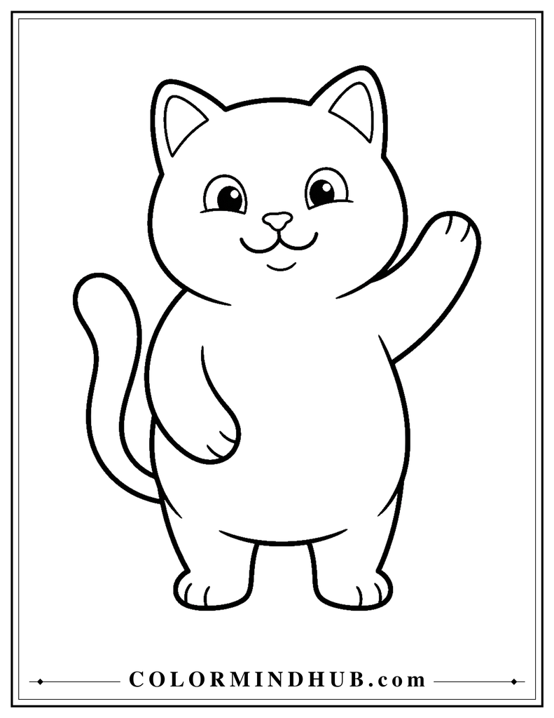 Easy cute cat waving its paw coloring page