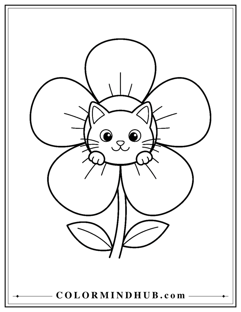 Easy cat sitting inside a flower coloring page
