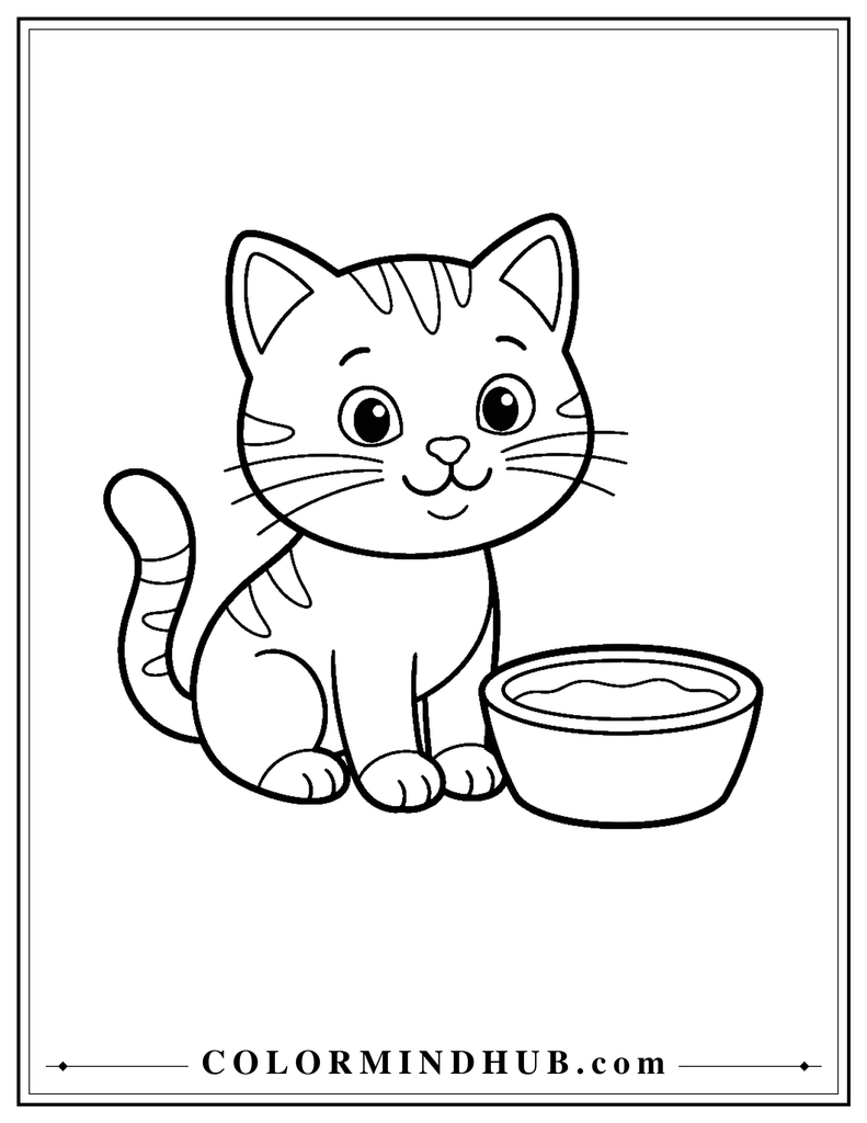 Easy cat with a food bowl coloring page for children