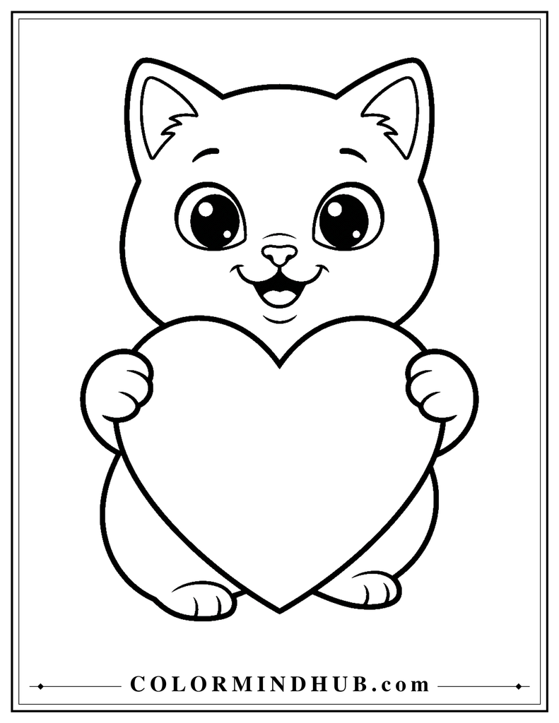 Easy cat holding a heart coloring page for kids