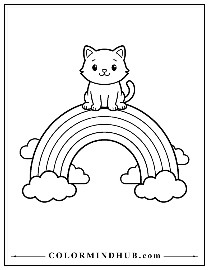 Easy cat sitting on a rainbow coloring page