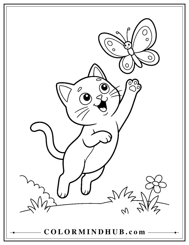 Easy cat playing with a butterfly coloring page
