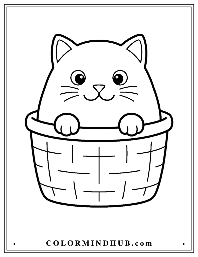 Easy cat sitting in a basket coloring page