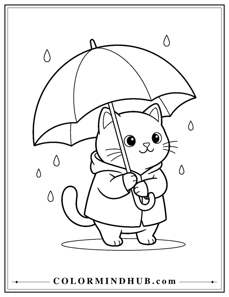 Easy cat holding an umbrella coloring page for kids
