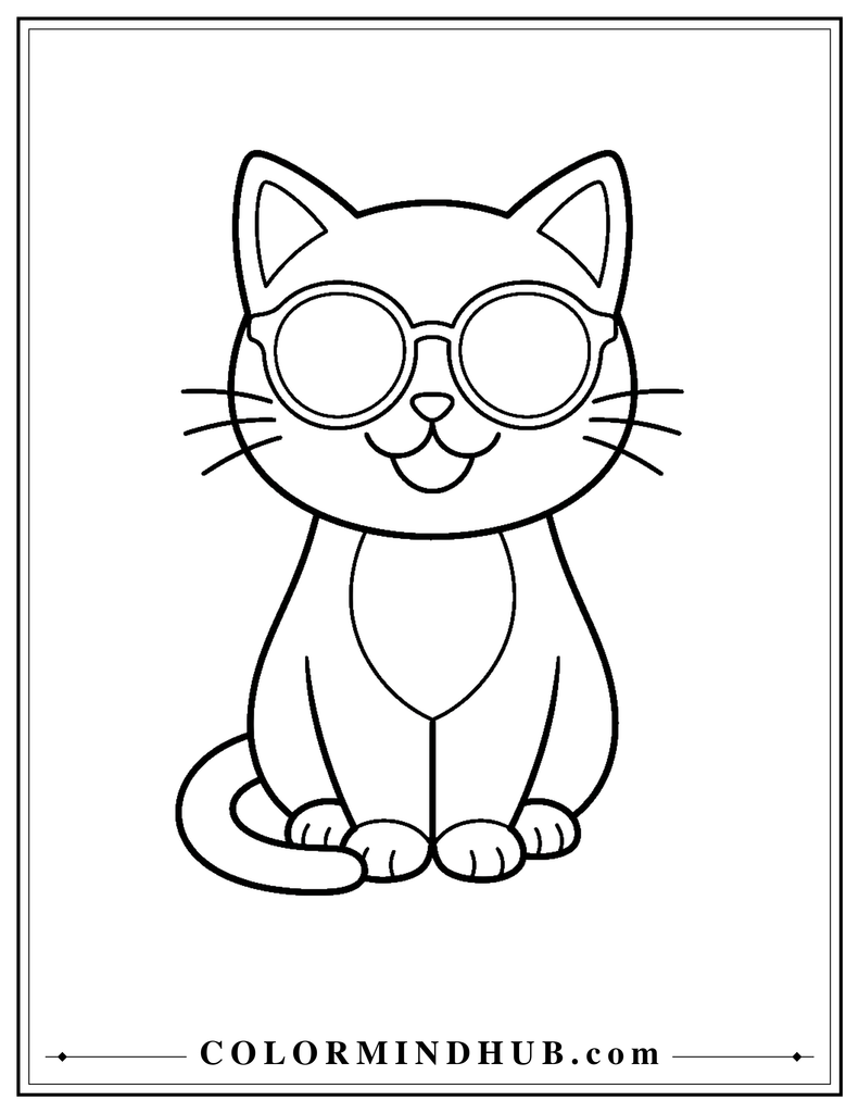 Easy cat wearing sunglasses coloring page for children