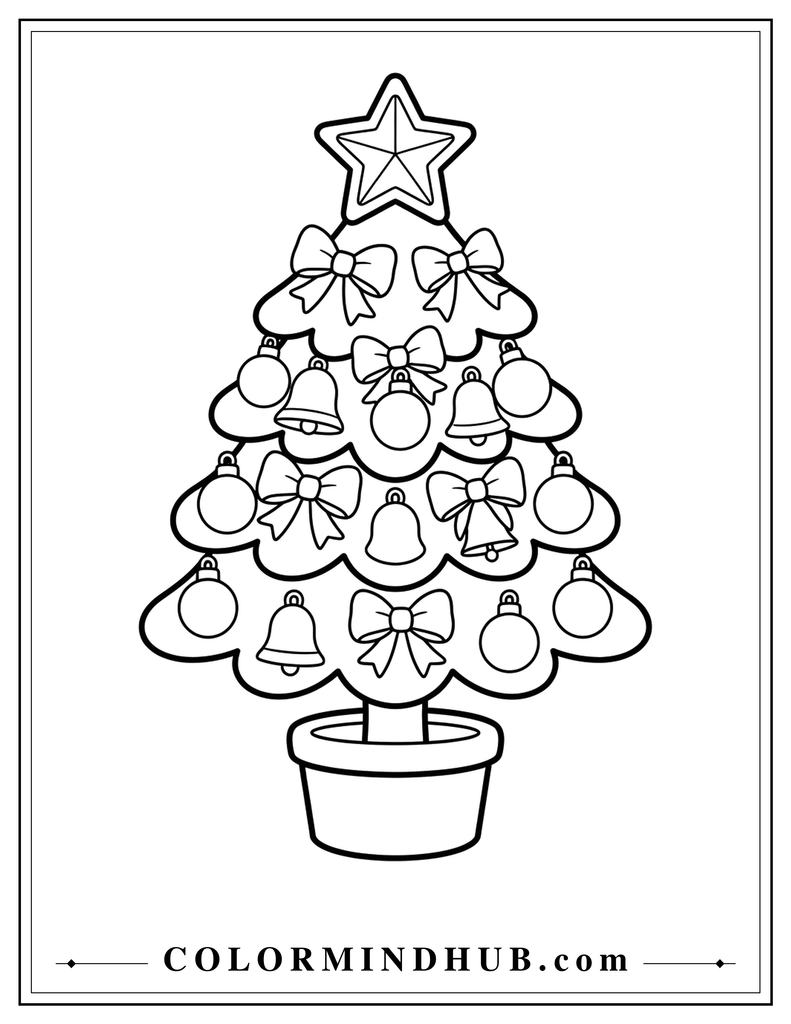 Decorated Christmas tree covered with round ornaments, bells, bows, and a star - Christmas tree coloring page