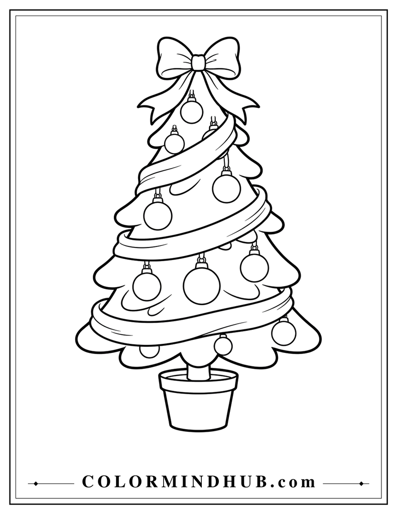 Christmas tree wrapped with a spiral ribbon garland and decorated with ornaments and a large bow - Christmas tree coloring page