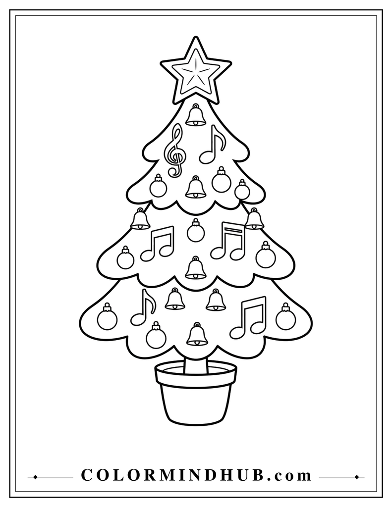 Christmas tree decorated with musical notes, a treble clef, bells, and a star topper - Christmas tree coloring page