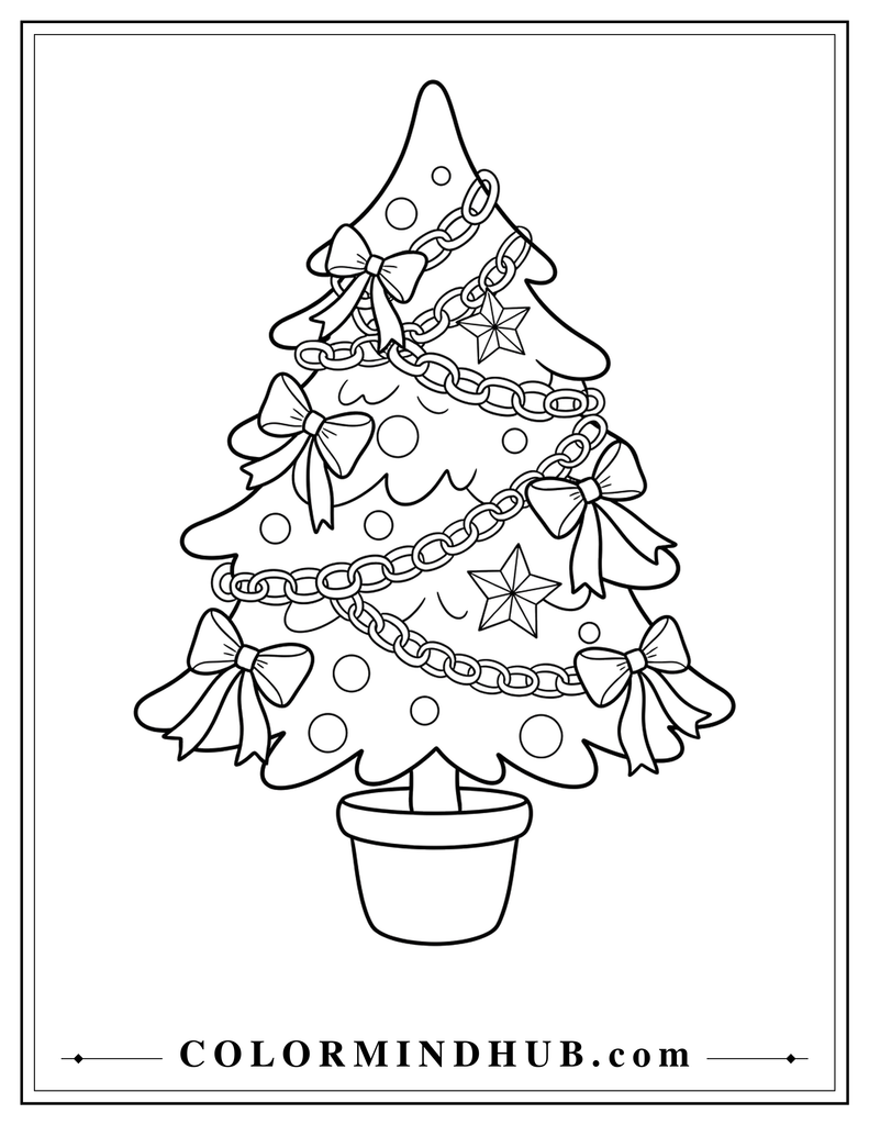 Festive Christmas tree featuring a chain-style garland, bows, stars, and hanging ornaments - Christmas tree coloring page