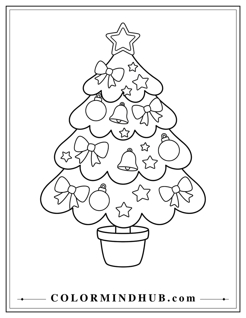 Potted Christmas tree decorated with many star-shaped ornaments, bows, and a star topper - Christmas tree coloring page