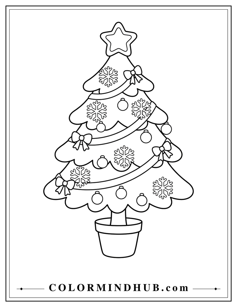 Christmas tree decorated with snowflakes, round ornaments, bows, and a ribbon garland - Christmas tree coloring page