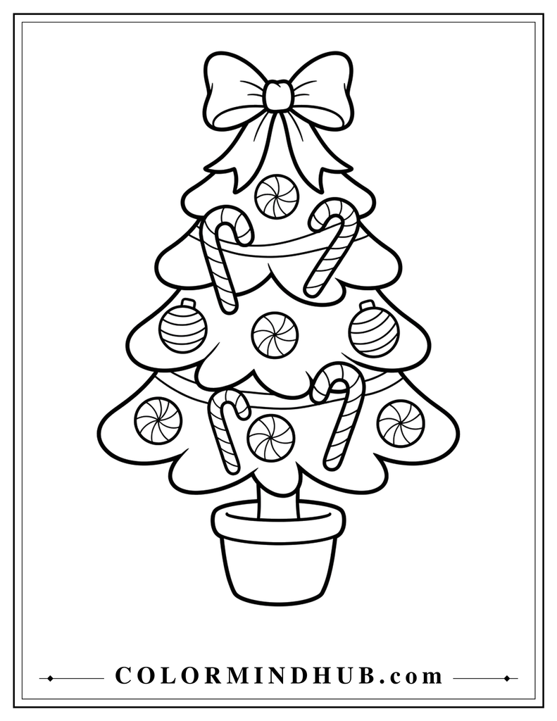 Christmas tree decorated with candy canes, peppermint candies, round ornaments, and bows - Christmas tree coloring page