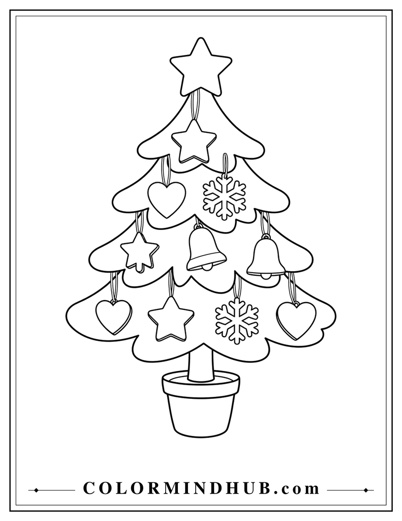 Potted Christmas tree decorated with hanging heart, snowflake, star, and bell ornaments - Christmas tree coloring page