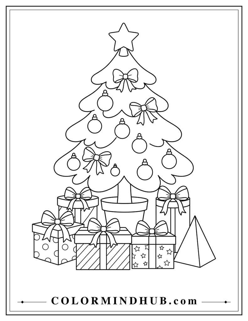 Decorated Christmas tree with wrapped presents and bows arranged around the base - Christmas tree coloring page