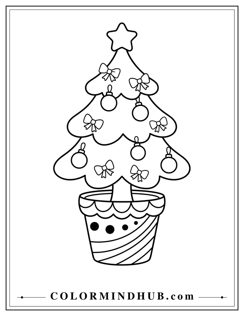 Christmas tree with round ornaments and bows growing from a striped and polka dot planter - Christmas tree coloring page