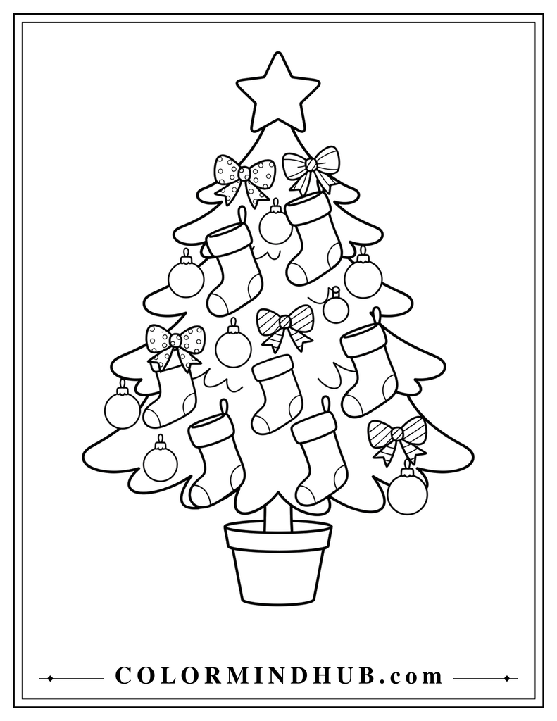 Christmas tree decorated with hanging stockings, round ornaments, patterned bows, and a star - Christmas tree coloring page

