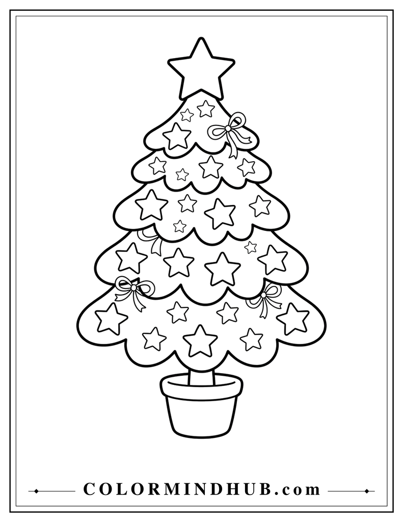 Festive Christmas tree covered with star-shaped decorations and several bows - Christmas tree coloring page