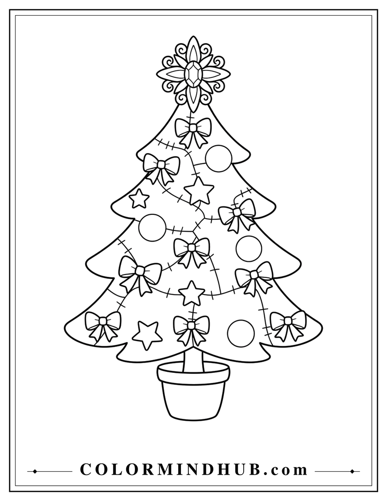 Detailed Christmas tree featuring an ornate star topper, string lights, bows, and decorative ornaments - Christmas tree coloring page