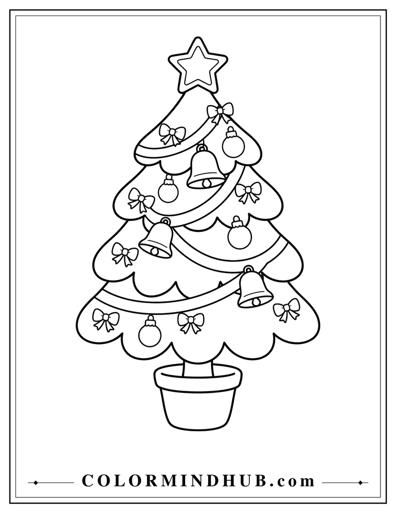 Cute potted Christmas tree decorated with bells, bows, ornaments, and a star topper - Christmas tree coloring page
