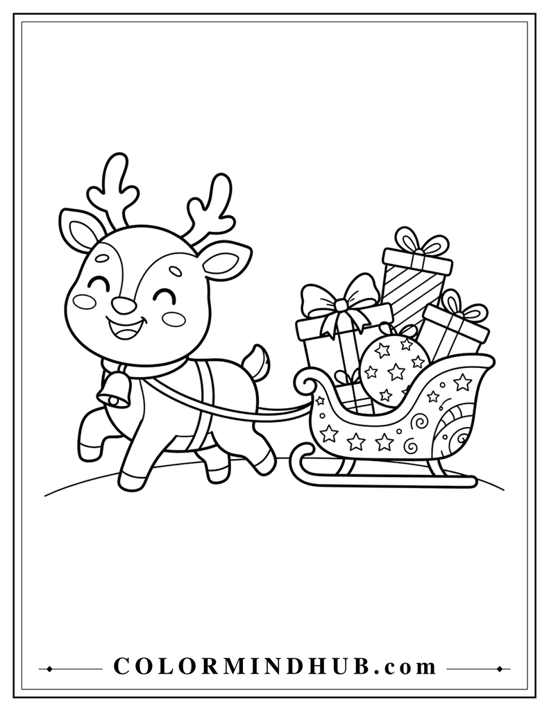 Cute reindeer pulling a sleigh filled with wrapped Christmas gifts - Christmas animal coloring page