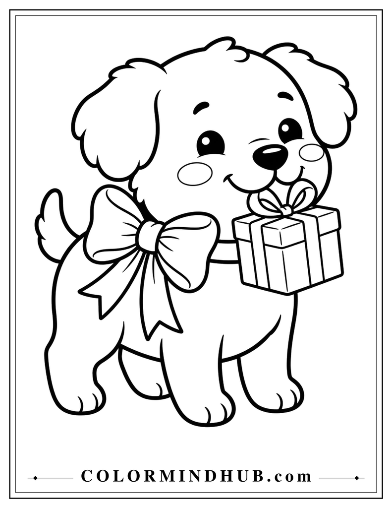 Cute puppy wearing a bow collar and holding a wrapped Christmas gift in its mouth - Christmas animal coloring page