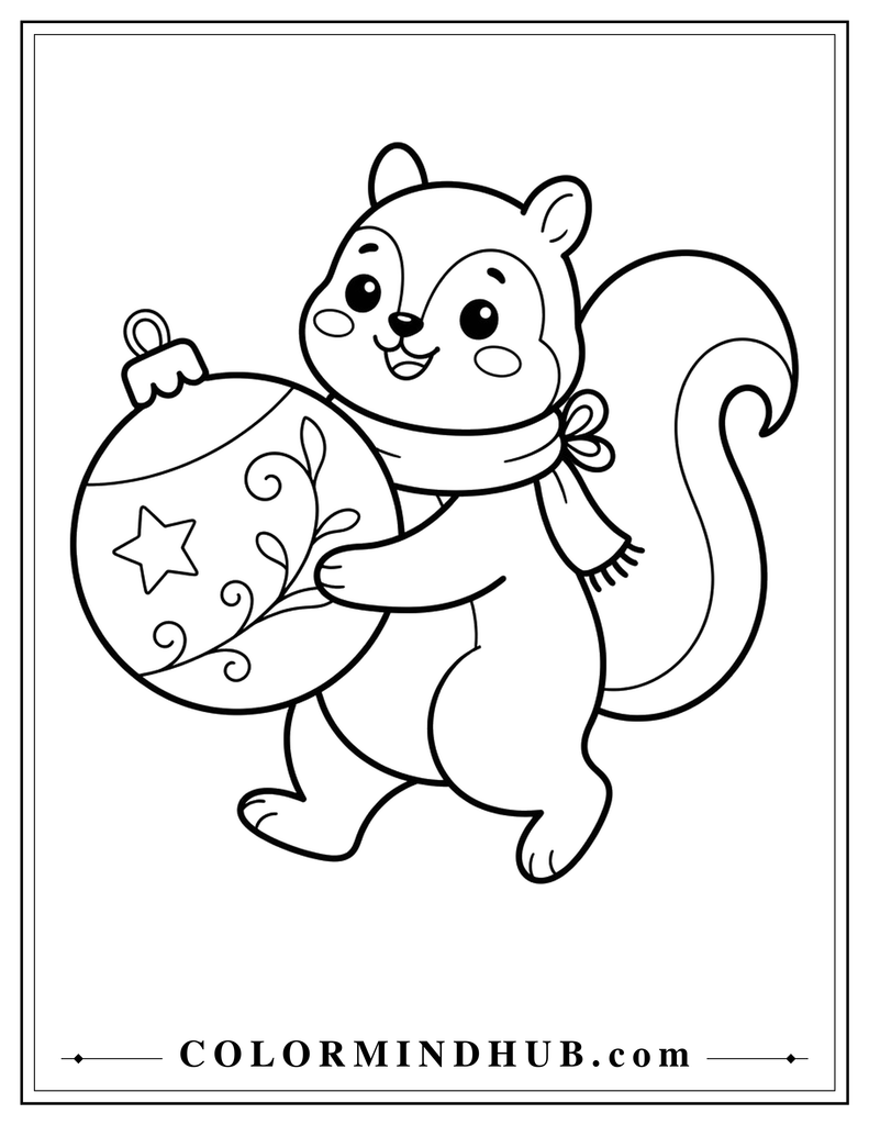 Cute squirrel wearing a scarf and holding a large decorated Christmas ornament - Christmas animal coloring page