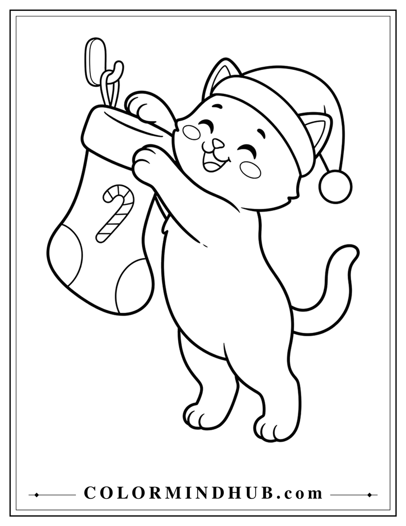 Cute cat wearing a Santa hat and holding a Christmas stocking with candy canes - Christmas animal coloring page