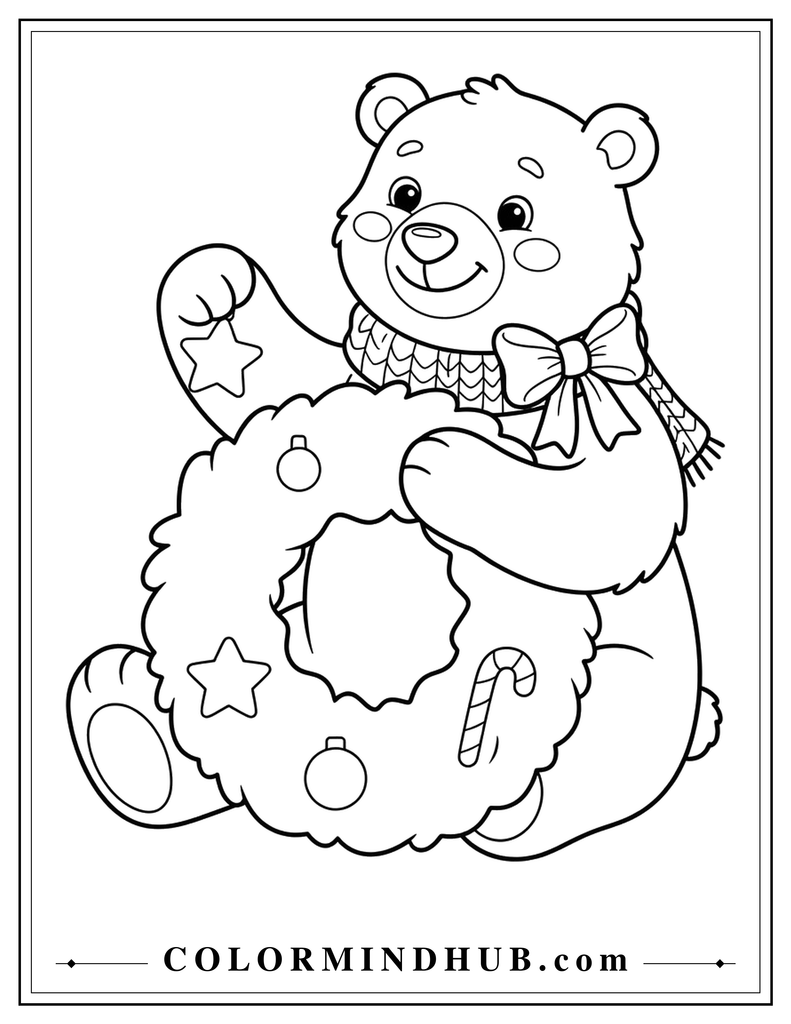 Cute bear wearing a scarf and holding a decorated Christmas wreath - Christmas animal coloring page