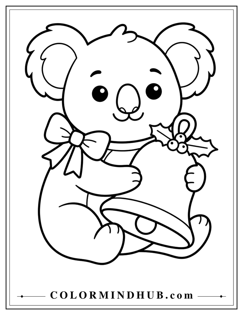 Cute koala wearing a scarf and holding a large Christmas bell with a bow - Christmas animal coloring page