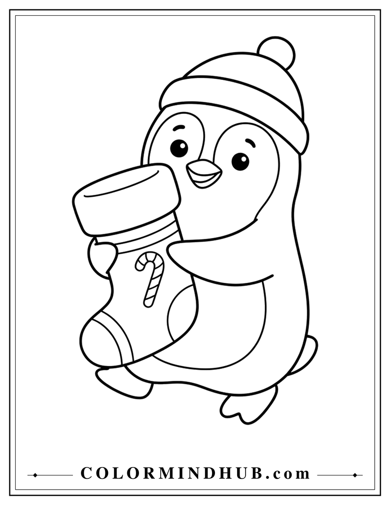 Cute penguin wearing a winter hat and holding a Christmas stocking and wrapped gift - Christmas animal coloring page