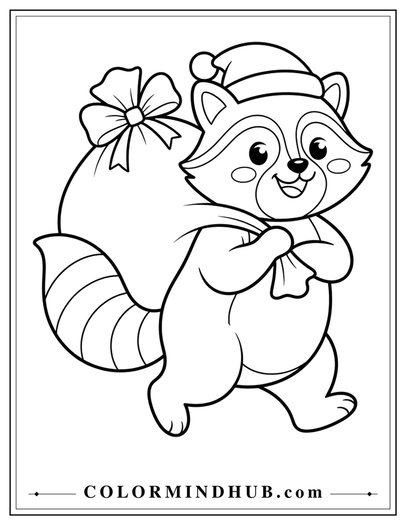 Cute raccoon wearing a Santa hat and carrying a large Christmas sack filled with gifts - Christmas animal coloring page