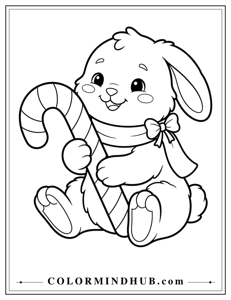 Cute bunny wearing a scarf and holding a large striped Christmas candy cane - Christmas animal coloring page