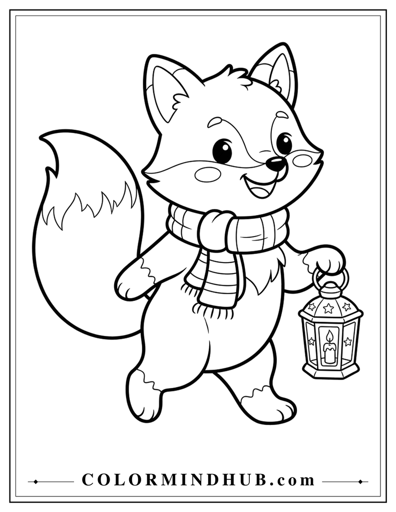 Cute fox wearing a winter scarf and carrying a Christmas lantern - Christmas animal coloring page