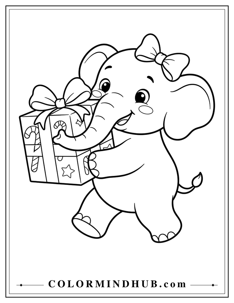 Cute elephant wearing a bow and holding a wrapped Christmas gift - Christmas animal coloring page