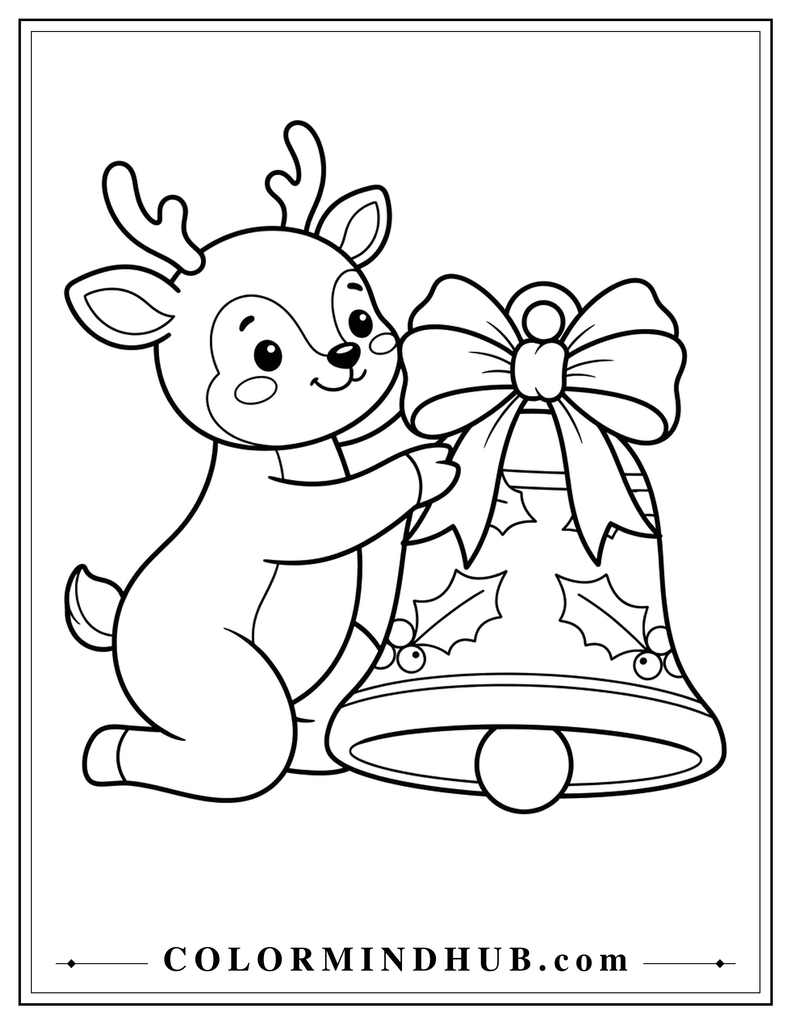 Cute reindeer wearing a Santa hat and holding a large Christmas bell with a bow - Christmas animal coloring page