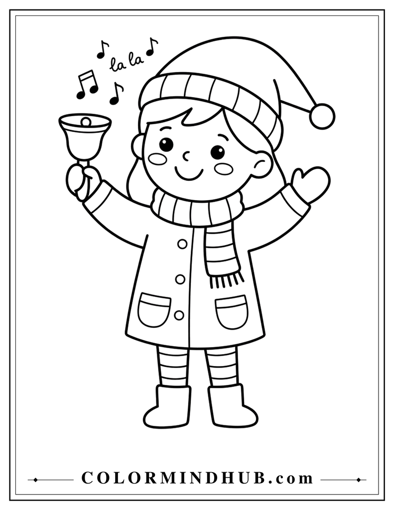  Smiling girl in a winter outfit ringing a Christmas bell above her head with music notes around her - Christmas character coloring page
