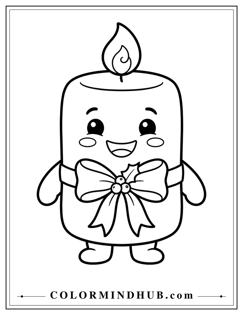 Cute Christmas candle character with a flame, smiling face, and festive bow - Christmas character coloring page