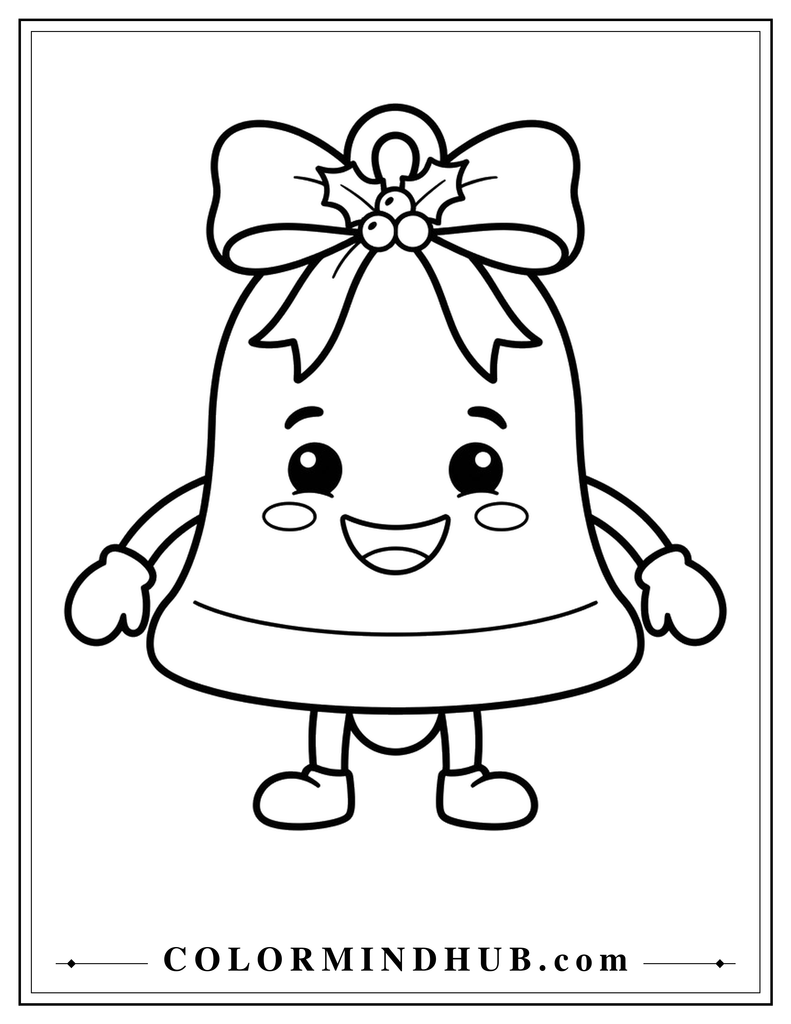 Cheerful Christmas bell character with a smiling face, arms, legs, and a large bow - Christmas character coloring page