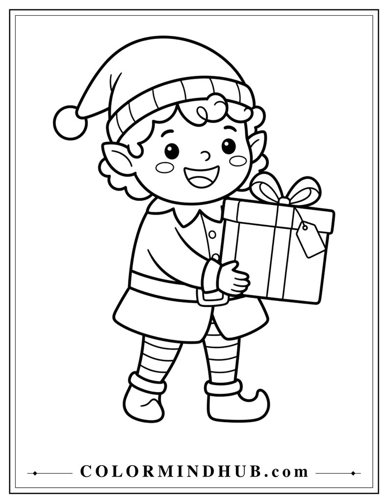 Cute Christmas elf wearing a pointed hat and striped socks while holding a wrapped gift with a bow - Christmas character coloring page