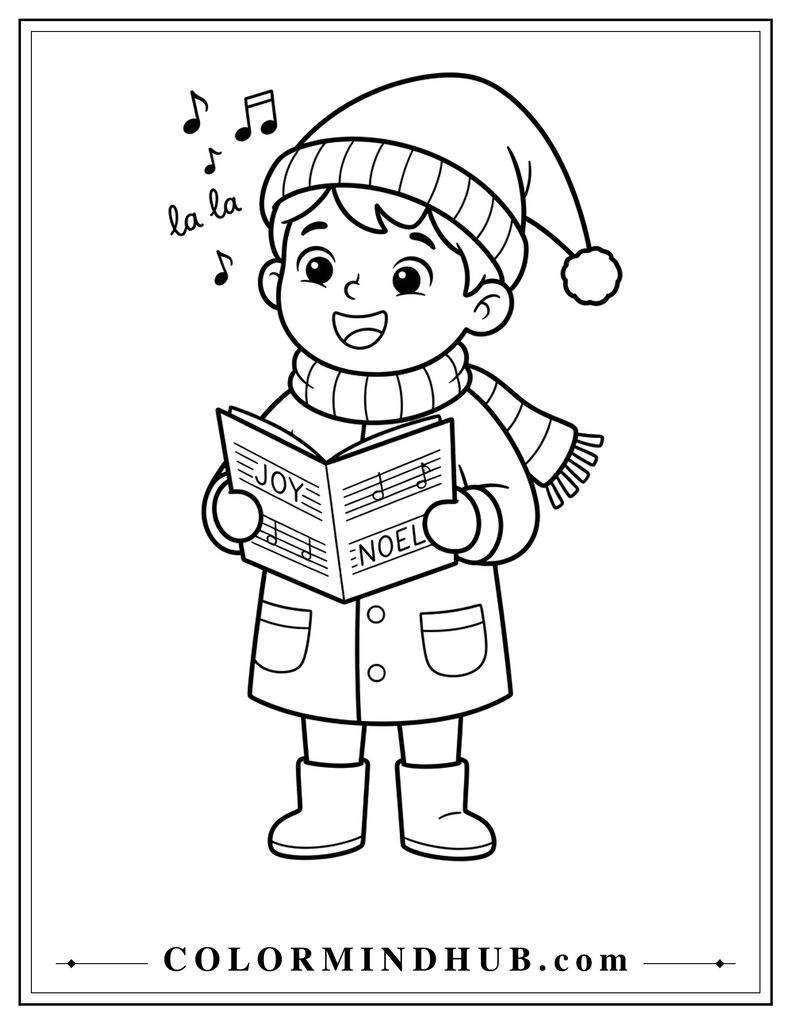 Happy boy in winter clothes singing from an open Christmas songbook with music notes above him - Christmas character coloring page