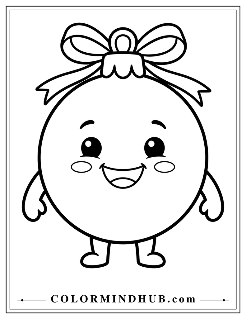 Happy round Christmas ornament character with a smiling face, arms, legs, and a bow - Christmas character coloring page