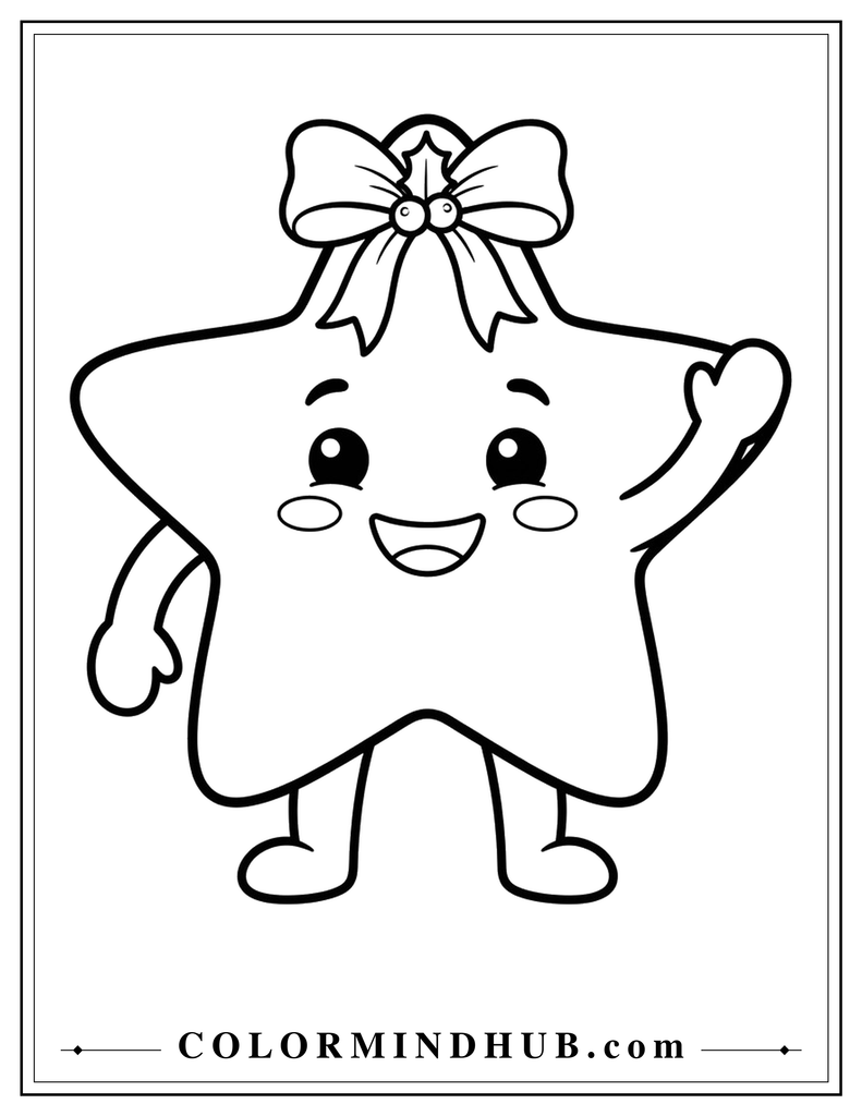 Adorable smiling Christmas star character with arms, legs, and a festive bow - Christmas character coloring page