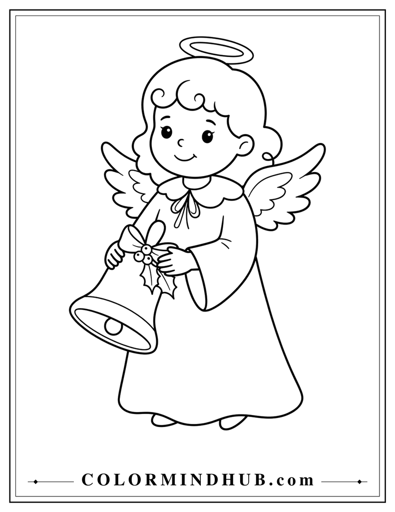 Sweet Christmas angel with wings and halo wearing a long dress while holding a decorative handbell - Christmas character coloring page