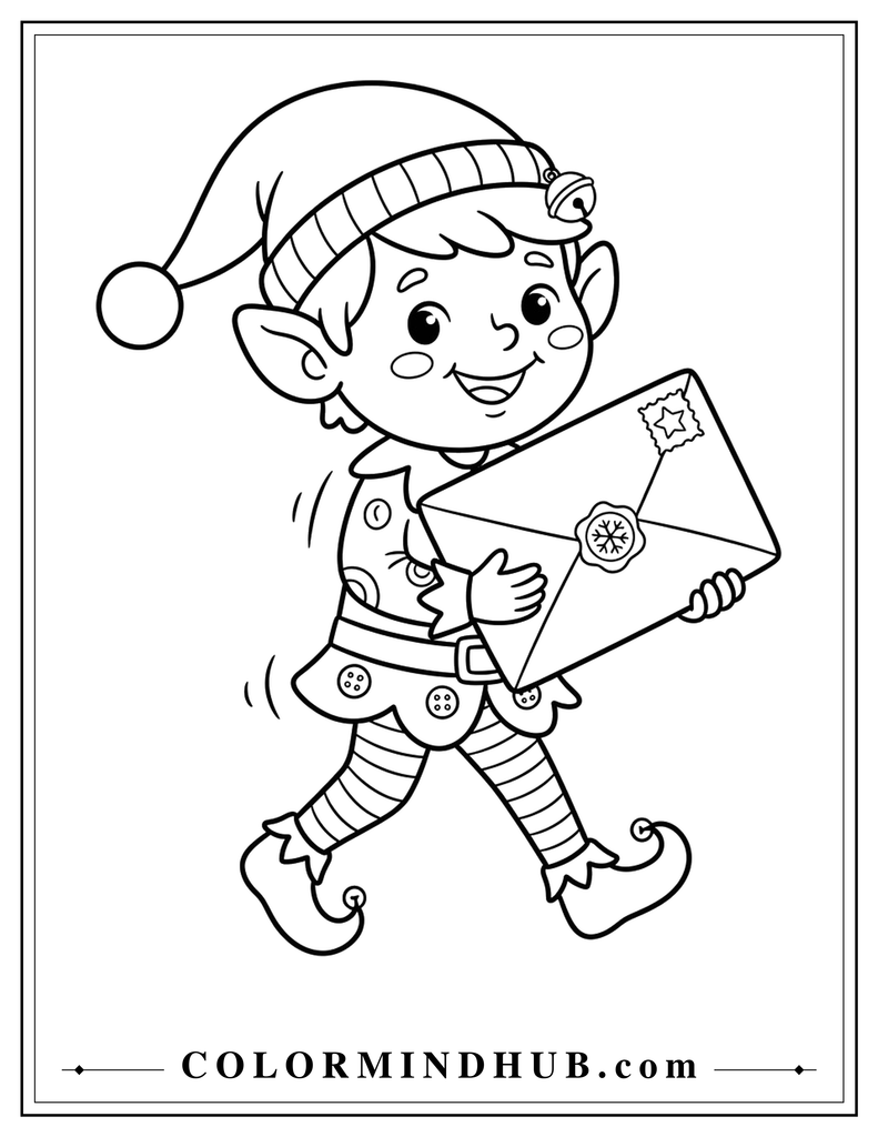 Happy Christmas elf wearing a striped outfit and pointed hat while holding a large envelope with a heart seal - Christmas character coloring page
