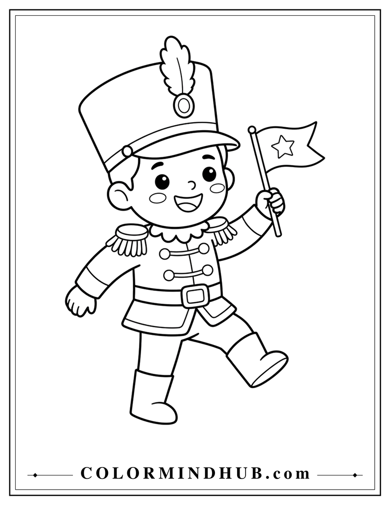 Classic toy soldier wearing a tall hat and marching while holding a small Christmas flag - Christmas character coloring page