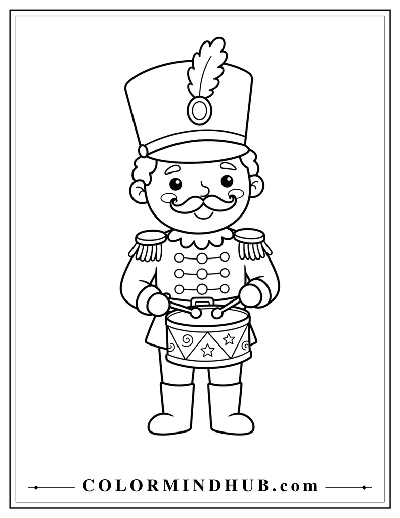 Toy soldier wearing a uniform and tall hat while holding a decorated drum and drumsticks - Christmas character coloring page
