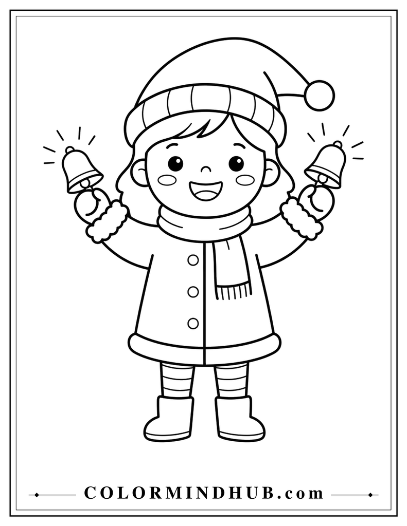 Cheerful girl in a winter coat and hat holding two Christmas jingle bells and smiling - Christmas character coloring page