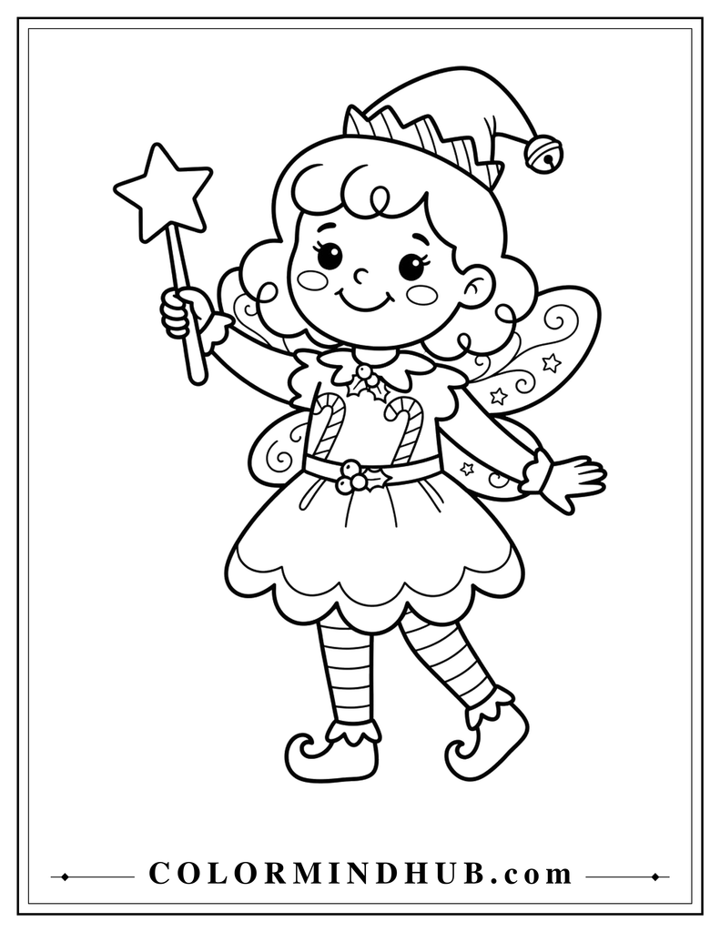 Charming Christmas fairy with wings wearing a festive outfit and holding a wand topped with a star - Christmas character coloring page