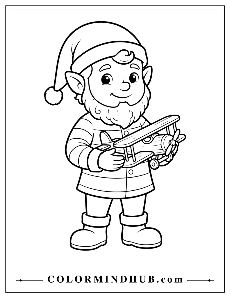 Friendly Santa Claus wearing a traditional hat and beard while holding a small toy helicopter - Christmas character coloring page