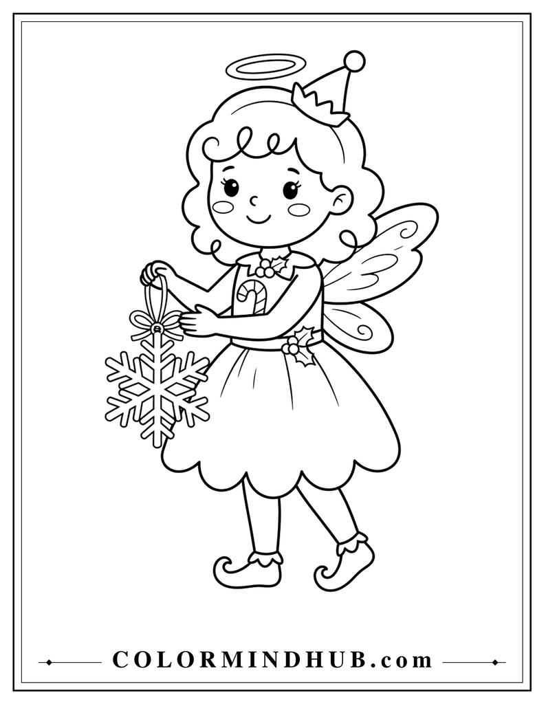 Cute Christmas fairy with wings holding a large decorative snowflake - Christmas character coloring page SS